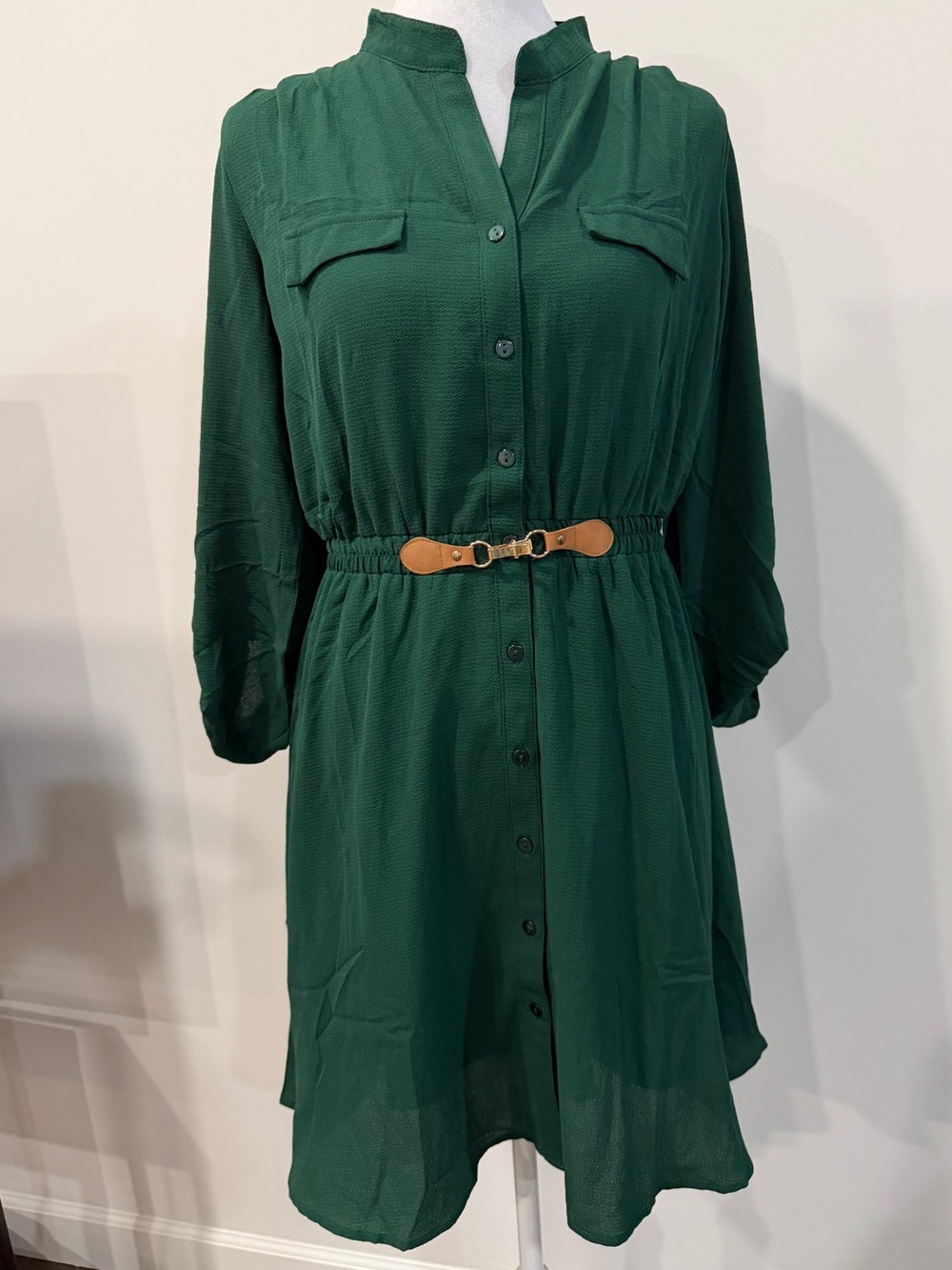 Ryan Michelle Hunter Green Belted Shirt Dress Petite Large Button Front